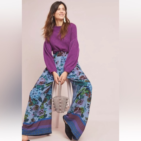 Anthropologie Maeve Pants Terrace Floral Palazzo Pants 10 purple blue flowy wide - Picture 2 of 15